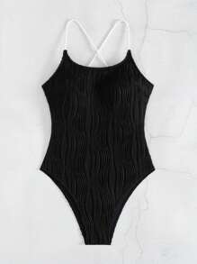 SHEIN Swim Springbreak 女士纯色纹理面料绳索镂空系带连体泳衣，夏季海滩节波西米亚风 - 黑與白 - 查看 7