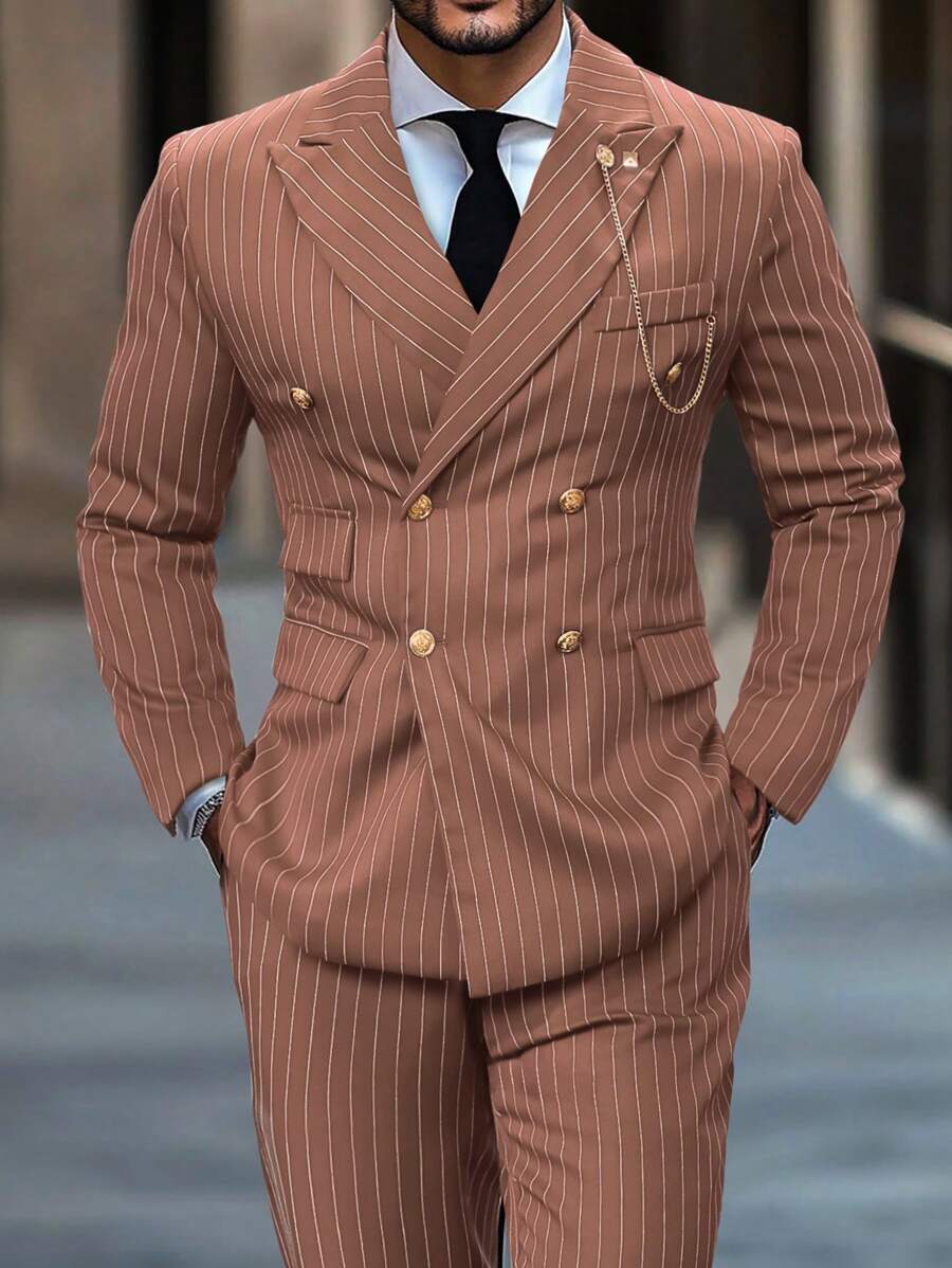 Manfinity Mode 男士休闲简约时尚西装（上衣和裤子） - 咖啡棕 - 查看 1