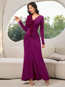 Modelyn Vestido elegante de manga larga y unicolor para mujeres con decoraciones florales en 3D y abertura lateral