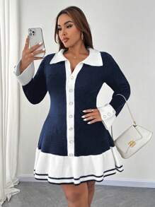 SHEIN Unity Plus Size Women Knit Color Block Sweater Dress With Ruffle Hem And Button Decor, Elegant Dress For Autumn/Winter Fall Cloth For Women - Blue - View 6