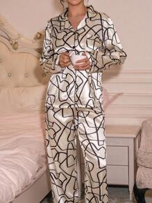 LuxeNights Faux Silk Geometric Print Top And Pants Pajama Set, Fall Winter Clothes - Multicolor - View 2