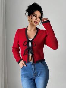 Chiquease European And American New Autumn/Winter Fashion Blogger Style Colorful Dot Contrast Trim V-Neck Tie Bow Knit Red Cardigan Sweater