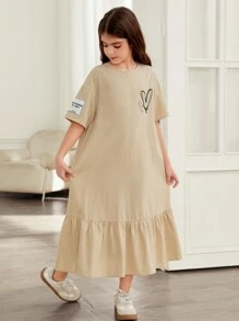 SHEIN Tween Girls Loose Casual Round Neck Ruffle Heart Pattern Short Sleeve Dress