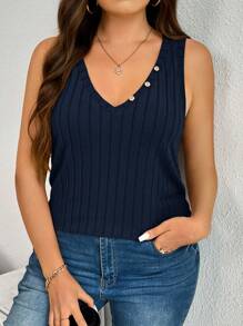 SHEIN LUNE Top casual de punto acanalado con cuello en V de talla grande para viajes y aeropuerto - Azul Marino - Ver 3