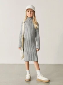 SHEIN Tween Girl Ribbed Knit Sweater Dress - Light Grey - View 1