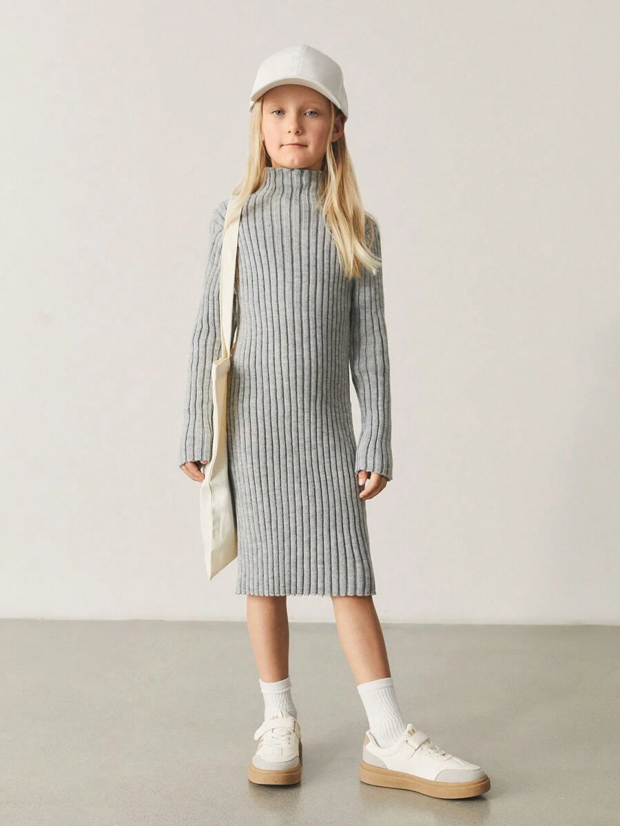 SHEIN Tween Girl Ribbed Knit Sweater Dress - Light Grey - View 1