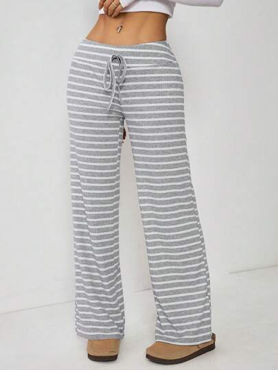 SHEIN EZwear Plus Size Casual Commuter Striped Low Waist Straight Leg Pants