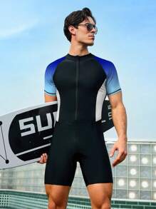 Surfspeed Men's Solid Color Panel Front Zip Up Slim Fit One Piece Swimsuit,Hawaiian