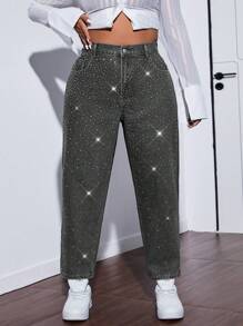 SHEIN ICON Jeans versátiles y casuales de talla grande para mujer con bolsillos, lentejuelas y rhinestones en forma de cono