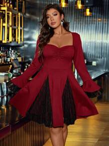 Celure Vestido de cuello cuadrado con encaje y mangas acampanadas, color rojo, ideal para el Día de San Valentín y el Año Nuevo