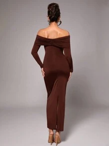 Silquee Vestido de fiesta elegante de hombros descubiertos midi para mujer, de manga larga, con decoración de hebilla metálica, color rojo vino y rojo tornasol, hecho de tela de punto elástica, adecuado para fiestas de cóctel, citas románticas, uso como capa en otoño/invierno, invitada de boda, dama de honor, fiesta formal, Halloween, Navidad - Café integral - Ver 5