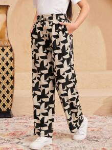 SHEIN Tween Girls' Casual Minimalist Comfortable Mid-Rise Straight Leg Geometric Pattern Pants - Black and White - View 1