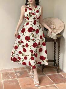 DAZY V-Neck Rose Print Sleeveless Belted Mid-Calf Length Dress For Women, Valentine's Day Floral Sundress