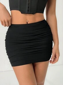 SHEIN PETITE Double Layer Mesh Hip-Covering Short Skirt - Black - View 5