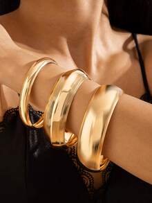 Set de 3 piezas de brazaletes de metal con arco liso y exagerado de moda, color dorado, adecuado para fiestas, bailes, regalos, para mujeres