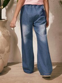 SHEIN 1 件式女童大童牛仔裤，都市休闲风格，女童蓝色牛仔长裤，舒适百搭，适合春、夏、秋季。这些女童牛仔裤适合各种场合，如城市户外活动、运动、居家休闲、学校和聚会。