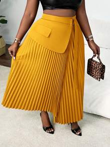 Slaydiva Rok Wanita Ukuran Besar Elegan Romantis Warna Polos dengan Lipit dan Ikat Pinggang yang Dapat Diatur, Cokelat-Merah - Kuning - View 3