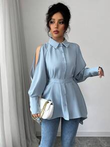 Elenzga 1pc Women's Elegant Open Shoulder Backless Tie Shirt, Solid Color - Baby Blue - View 4