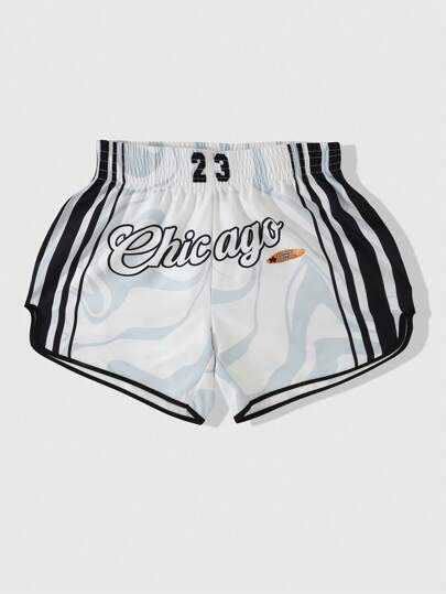 Prep Men's Side Stripe & Letter Print Casual Shorts, College Style, Spring/Summer