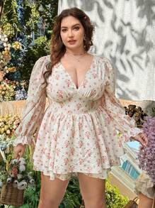 Flirla Plus Size Deep Shirred Printed Textured Fabric Open Back Elastic Cuffs Long Sleeve One-Piece Jumpsuit Fall Cloth For Women - Multicolor - View 7