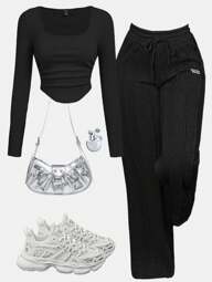 Girlism Adolescente fete înapoi la școală, sport, casual, culoare uni, 2 piese, tricou decupat cu mânecă lungă, cu rucani și pantaloni de sport cu picioare drepte, toamnă/iarnă