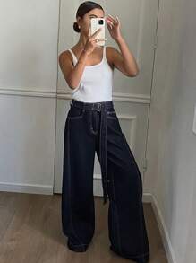 DAZY Quần Jeans Ống Rộng Rộng Có Thắt Lưng Họa Tiết Khâu Màu Tương Phản Dành Cho Nữ - Màu xanh lam - Xem 3