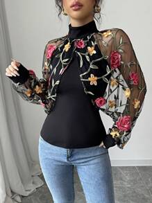 Chiquease Women's Knitted Contrast Mesh Embroidered Autumn T-Shirt