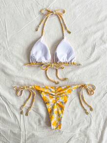 Soleia 2pcs Women's Colorful Floral Graphic Shirred Bikini Set,Swim Suits For Women,Vacation Outfit Women,Summer Outfits For Women,Beach Outfits For Women