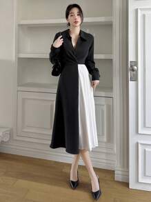 DAZY Contrast Color Pleated Panel Midi Dress For Women Shirt Dress,Fall Dress Long Sleeve Dress - Black - View 5