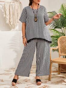 EMERY ROSE 2pcs Plus Size Plaid Short Sleeve Top And Pants Set, Casual And Fashionable For Daily Wear,Vacation Outfits Woman,Vacation Outfits Woman,Summer Clothes