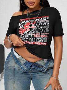 INAWLY Áo thun dài tay cổ bất đối xứng in chữ cỡ lớn, áo thun họa tiết, áo nữ mùa hè cho mùa xuân - màu đen - Xem 1