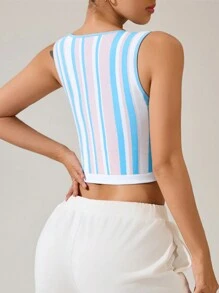 Easithlete 女士圆领休闲条纹运动胸罩 - 藍色 - 查看 2