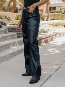 MYOURSA Multi Pockets Solid Faux PU Leather Cargo Pants - Black - View 3