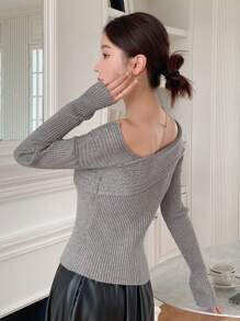 DAZY 1pc Women Solid Color Asymmetric Slim Fit Casual Sweater, Long Sleeve,Fall Clothes - Grey - View 2