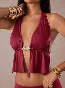 Hauture 2pcs/Set Women Solid Color Halter Neck Backless Top And Skirt Set - Burgundy - View 5
