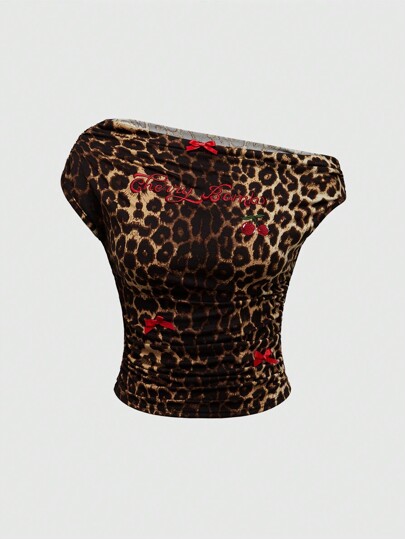 J-Fashion Y2K Cherry Bomb Graphic Embroidered Vintage Leopard Print Asymmetrical Shoulder Ruched Crop Top For Women