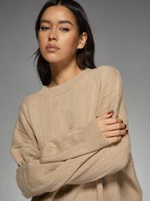 MISSGUIDED Oversized Ribbed Knit Sweater Jumper Cozy Winter Fall Casual Long Sleeve Pullover Warm Soft Loungewear Basic Essential - Khaki - View 4