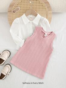 Cozy Pixies 2pcs Baby Girl Solid Color Collar Puff Sleeve Cardigan Top & V-Neck Sleeveless Dress Set - Multicolor - View 3