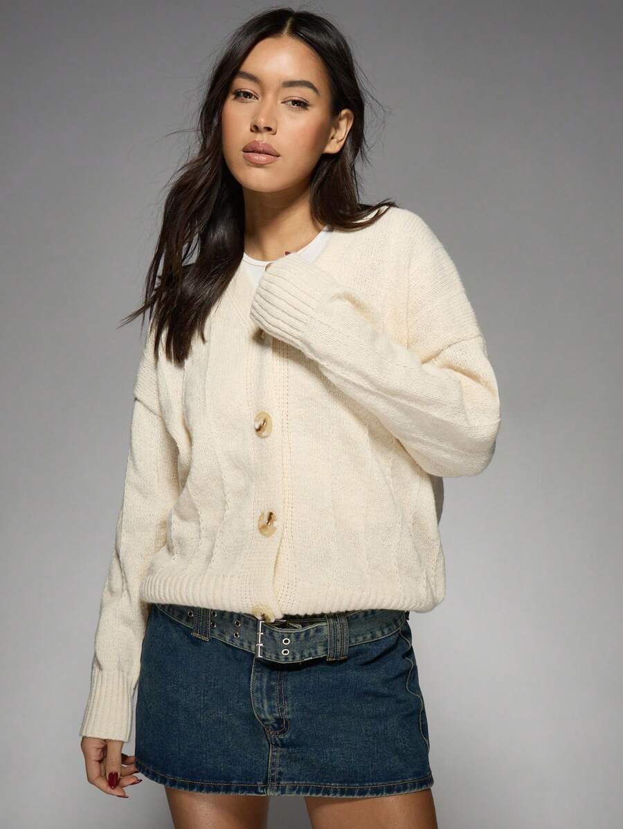 MISSGUIDED Chunky Cable Knit Button Front Cardigan Classic Winter Fall Layering Sweater Ribbed Hem Cuffs Casual Cozy Outerwear - Apricot - View 1