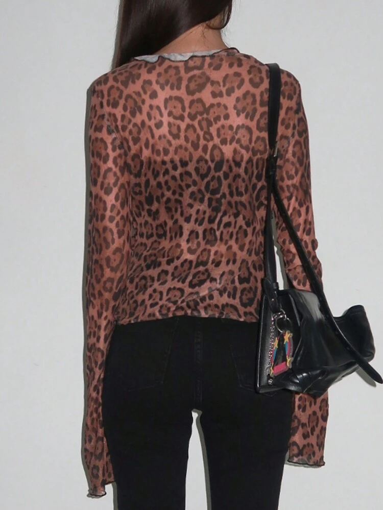 Women's Leopard Print Bell Sleeve Tie T-Shirt, Brown, Spring/Summer Cheetah Print,Fall Clothes