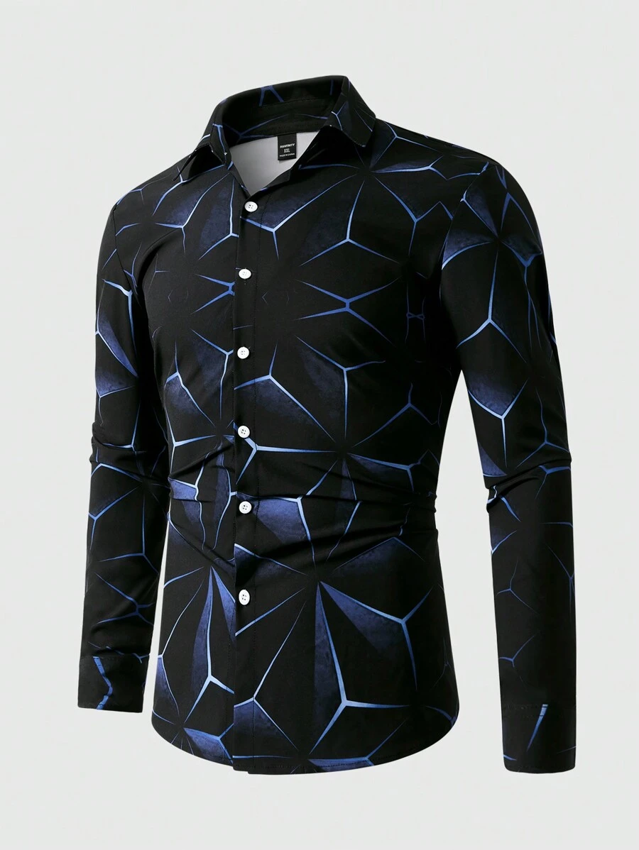 Manfinity LEGND 大码男士几何印花长袖单排扣休闲衬衫，适合秋季