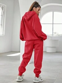 EURMUSE Slogan Graphic Drop Shoulder Drawstring Red Hoodie & Sweatpants - Red - View 2