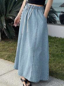 DAZY Women's Front Tie Pocket Simple Casual Denim Skirt Jeans Skirt - Blue - View 2