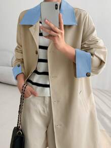 EastFlair Korean Fashion Women Casual Color Block Pocket Design Trench Coat
