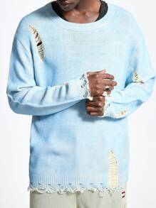 Manfinity VCAY Suéter de cuello redondo de manga larga de moda callejera azul para hombre