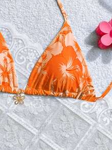 Swim Mod Women's Summer Random Flower Print Metal Decor Halter Bikini Top - Orange - View 3