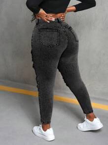 SHEIN ICON Quần Jeans Denim Co Giãn Ôm Sát Gợi Cảm Cỡ Lớn Có Miếng Dán Ren Rách - màu đen - Xem 2