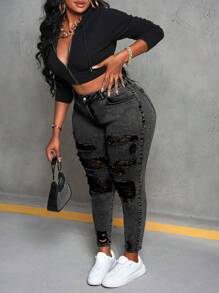 SHEIN ICON Quần Jeans Denim Co Giãn Ôm Sát Gợi Cảm Cỡ Lớn Có Miếng Dán Ren Rách - màu đen - Xem 4