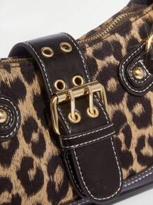 SHEIN BAE Bolso de hombro de mujer estampado de leopardo patchwork PU para ir a la ciudad, bolso de con estampado de leopardo para mujer, el leopardo está de vuelta