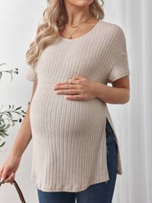 SHEIN Solid Color Round Neck Short Sleeve Slit Casual Maternity Top, Daily Wear - Apricot - View 2